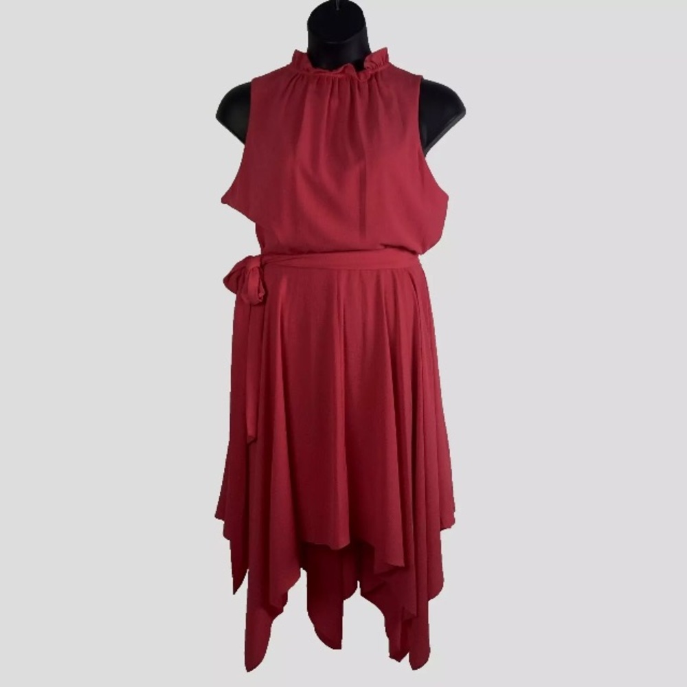 Eliza J Dress 18W Midi 18 Bright Pink chiffon
asymmetric hem ruffle neck